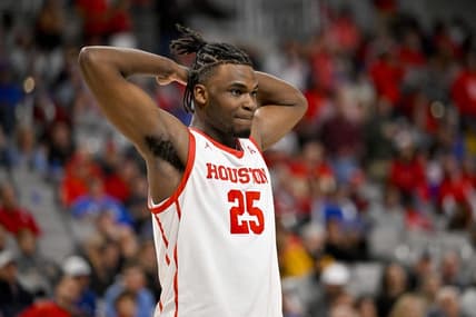 Mar 12, 2023; Fort Worth, TX, USA; Houston Cougars forward Jarace Walker (25) reacts to a foul call during the second half against the Memphis Tigers at Dickies Arena. Mandatory Credit: Jerome Miron-USA TODAY Sports