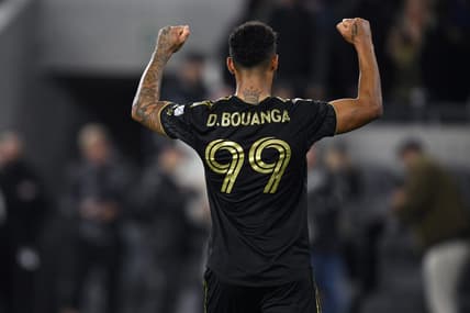 Mar 12, 2023; Los Angeles, California, USA; Los Angeles FC forward Denis Bouanga (99) celebrates after scoring a goal during the second half against the New England Revolution at BMO Stadium. Mandatory Credit: Orlando Ramirez-USA TODAY Sports