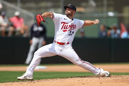 Mar 13, 2023; Fort Myers, Florida, USA;  Minnesota Twins pitcher Danny Coulombe (53) throws a pitch against the New York Yankees in the first inning during spring training at Hammond Stadium. Mandatory Credit: Nathan Ray Seebeck-USA TODAY Sports