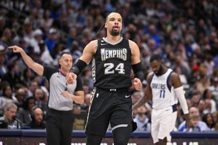 Mar 13, 2023; Dallas, Texas, USA; Memphis Grizzlies forward Dillon Brooks (24) reacts to scoring against the Dallas Mavericks during the second half at the American Airlines Center. Mandatory Credit: Jerome Miron-USA TODAY Sports