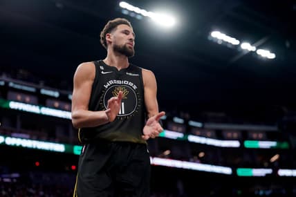 Mar 13, 2023; San Francisco, California, USA; Golden State Warriors guard Klay Thompson (11) claps his hands after knocking the ball out of bounds on defense against the Phoenix Suns in the third quarter at the Chase Center. Mandatory Credit: Cary Edmondson-USA TODAY Sports