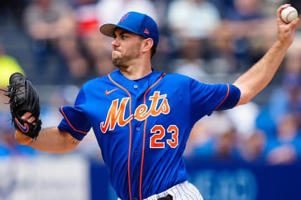 Mar 14, 2023; Port St. Lucie, Florida, USA; New York Mets starting pitcher David Peterson (23) throws a pitch against the Washington Nationals during the first inning at Clover Park. Mandatory Credit: Rich Storry-USA TODAY Sports