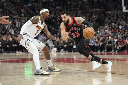 Mar 14, 2023; Toronto, Ontario, CAN; Toronto Raptors guard Fred VanVleet (23) dribbles the basketball against Denver Nuggets guard Kentavious Caldwell-Pope (5) during the first half at Scotiabank Arena. Mandatory Credit: John E. Sokolowski-USA TODAY Sports