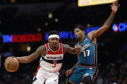 Mar 14, 2023; Washington, District of Columbia, USA; Washington Wizards guard Bradley Beal (3) drives to the basket as Detroit Pistons guard Rodney McGruder (17) defends in the third quarter at Capital One Arena. Mandatory Credit: Geoff Burke-USA TODAY Sports