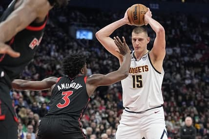 Mar 14, 2023; Toronto, Ontario, CAN; Toronto Raptors forward O.G. Anunoby (3) defends against Denver Nuggets center Nikola Jokic (15) during the second half at Scotiabank Arena. Mandatory Credit: John E. Sokolowski-USA TODAY Sports