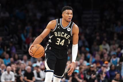 Mar 14, 2023; Phoenix, Arizona, USA; Milwaukee Bucks forward Giannis Antetokounmpo (34) dribbles against the Phoenix Suns during the second half at Footprint Center. Mandatory Credit: Joe Camporeale-USA TODAY Sports