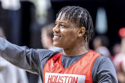 Mar 15, 2023; Birmingham, AL, USA; Houston Cougars guard Marcus Sasser (0) grins as he warms up during practice at Legacy Arena. Mandatory Credit: Vasha Hunt-USA TODAY Sports