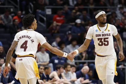 Mar 15, 2023; Dayton, OH, USA; Arizona State Sun Devils guard Desmond Cambridge Jr. (4) and Arizona State Sun Devils guard Devan Cambridge (35) celebrate a play in the first half against the Nevada Wolf Pack at UD Arena. Mandatory Credit: Rick Osentoski-USA TODAY Sports