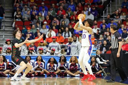 Mar 16, 2023; Des Moines, IA, USA; Kansas Jayhawks forward Jalen Wilson (10) shoots the ball against the Howard Bison during the first half at Wells Fargo Arena. Mandatory Credit: Reese Strickland-USA TODAY Sports