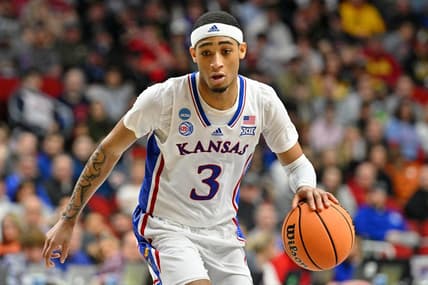 Mar 16, 2023; Des Moines, IA, USA; Kansas Jayhawks guard Dajuan Harris Jr. (3) dribbles the ball against the Howard Bison during the first half at Wells Fargo Arena. Mandatory Credit: Jeffrey Becker-USA TODAY Sports