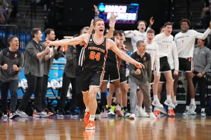 Mar 16, 2023; Sacramento, CA, USA; Princeton Tigers guard Blake Peters (24) reacts after scoring a basket against the Arizona Wildcats during the second half at Golden 1 Center. Mandatory Credit: Kyle Terada-USA TODAY Sports