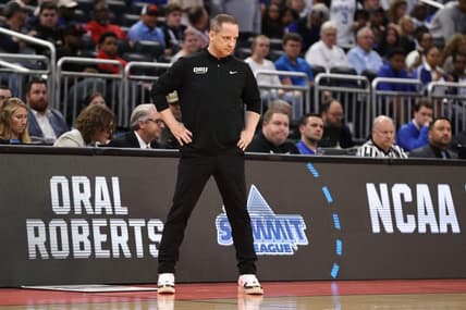 Mar 16, 2023; Orlando, FL, USA; Oral Roberts Golden Eagles head coach Paul Mills looks on during the first half against the Duke Blue Devils at Amway Center. Mandatory Credit: Matt Pendleton-USA TODAY Sports