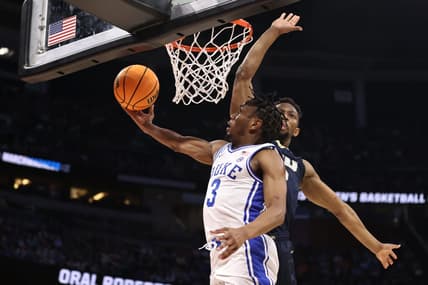 Mar 16, 2023; Orlando, FL, USA; Duke Blue Devils guard Jeremy Roach (3) goes to the basket while defended by Oral Roberts Golden Eagles forward Patrick Mwamba (32) during the first half at Amway Center. Mandatory Credit: Matt Pendleton-USA TODAY Sports