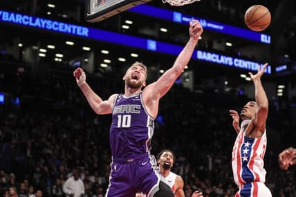 Mar 16, 2023; Brooklyn, New York, USA;  Sacramento Kings forward Domantas Sabonis (10) reacts after loosing the ball in the second quarter against the Brooklyn Nets at Barclays Center. Mandatory Credit: Wendell Cruz-USA TODAY Sports