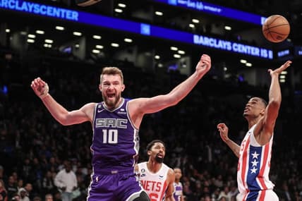 Mar 16, 2023; Brooklyn, New York, USA;  Sacramento Kings forward Domantas Sabonis (10) reacts after loosing the ball in the second quarter against the Brooklyn Nets at Barclays Center. Mandatory Credit: Wendell Cruz-USA TODAY Sports