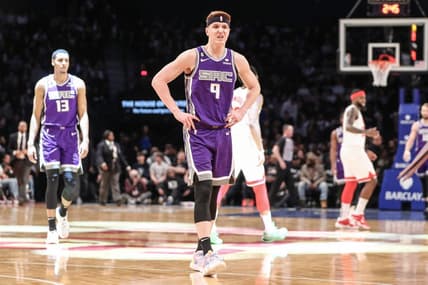 Mar 16, 2023; Brooklyn, New York, USA;  Sacramento Kings guard Kevin Huerter (9) walks off the court after getting injured in the first quarter against the Brooklyn Nets at Barclays Center. Mandatory Credit: Wendell Cruz-USA TODAY Sports