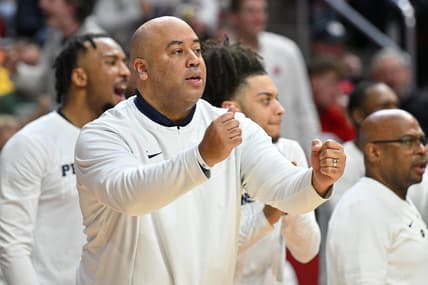 Mar 16, 2023; Des Moines, IA, USA; Penn State Nittany Lions head coach Micah Shrewsberry instructs his team against the Texas A&M Aggies during the first half at Wells Fargo Arena. Mandatory Credit: Jeffrey Becker-USA TODAY Sports