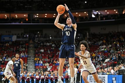 Mar 16, 2023; Des Moines, IA, USA; Penn State Nittany Lions guard Andrew Funk (10) shoots the ball against the Texas A&M Aggies during the first half at Wells Fargo Arena. Mandatory Credit: Jeffrey Becker-USA TODAY Sports