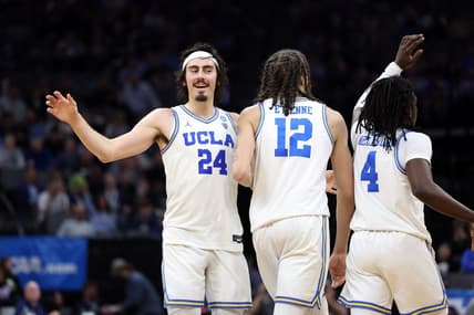 Mar 16, 2023; Sacramento, CA, USA;  UCLA Bruins guard/forward Jaime Jaquez (24) and forward Mac Etienne (12) react in the second half against the UNC Asheville Bulldogs at Golden 1 Center. Mandatory Credit: Kelley L Cox-USA TODAY Sports