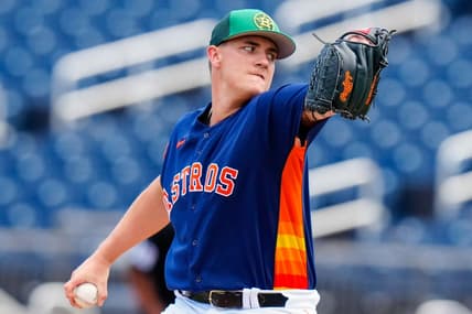 SEE YOU SOON: Astros starting pitcher Hunter Brown (58) is the top prospect in the Houston farm system. Mandatory Credit: Rich Storry-USA TODAY Sports