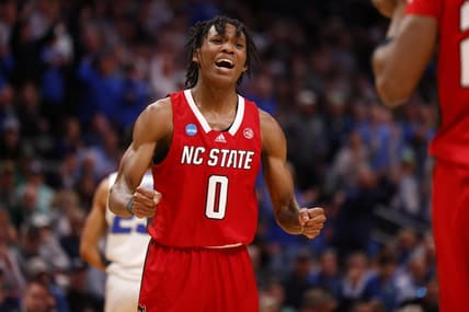 Mar 17, 2023; Denver, CO, USA;  North Carolina State Wolfpack guard Terquavion Smith (0) reacts to the game against Creighton Bluejays during the second half in the first round of the 2023 NCAA men   s basketball tournament at Ball Arena. Mandatory Credit: Michael Ciaglo-USA TODAY Sports