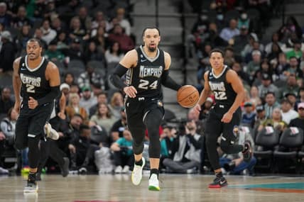 Mar 17, 2023; San Antonio, Texas, USA;  Memphis Grizzlies forward Dillon Brooks (24) brings the ball up the court in the first half against the San Antonio Spurs at the AT&T Center. Mandatory Credit: Daniel Dunn-USA TODAY Sports