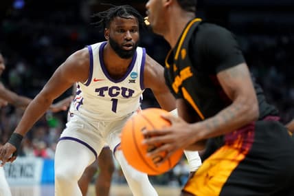 Mar 17, 2023; Denver, CO, USA; TCU Horned Frogs guard Mike Miles Jr. (1) defends during the first half against the Arizona State Sun Devils at Ball Arena. Mandatory Credit: Ron Chenoy-USA TODAY Sports