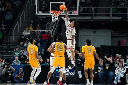 Mar 17, 2023; Albany, NY, USA; Indiana Hoosiers guard Jalen Hood-Schifino (1) dunks the ball as Kent State Golden Flashes center Cli'Ron Hornbeak (42) and forward Malik Reneau (5) and forward Miryne Thomas (33) and guard Malique Jacobs (2) look on in the first half at MVP Arena. Mandatory Credit: David Butler II-USA TODAY Sports