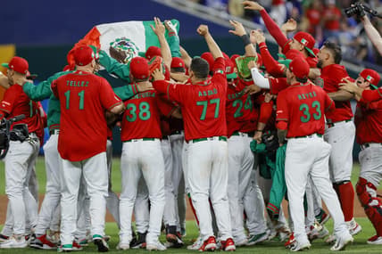 Mar 17, 2023; Miami, Florida, USA; Mexico players celebrate after winning the game against Puerto Rico at LoanDepot Park. Mandatory Credit: Sam Navarro-USA TODAY Sports