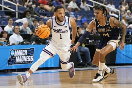 Mar 17, 2023; Greensboro, NC, USA; Kansas State Wildcats guard Markquis Nowell (1) controls the ball against Montana State Bobcats guard RaeQuan Battle (21)  in the second half at Greensboro Coliseum. Mandatory Credit: Bob Donnan-USA TODAY Sports