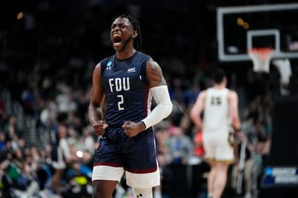Mar 17, 2023; Columbus, Ohio, USA;  Fairleigh Dickinson Knights guard Demetre Roberts (2) celebrates during the first round of the NCAA men   s basketball tournament against the Purdue Boilermakers at Nationwide Arena. The Fairleigh Dickinson Knights won 63-58. Mandatory Credit: Adam Cairns-The Columbus Dispatch

Basketball Ncaa Men S Basketball Tournament
