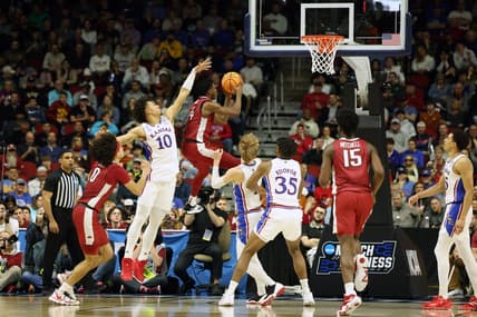 Mar 18, 2023; Des Moines, IA, USA; Arkansas Razorbacks guard Davonte Davis (4) shoots the ball against Kansas Jayhawks forward Jalen Wilson (10) during the second half at Wells Fargo Arena. Mandatory Credit: Reese Strickland-USA TODAY Sports