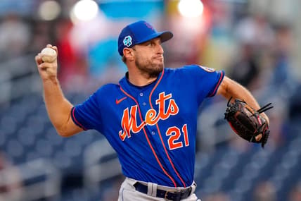 Mar 18, 2023; West Palm Beach, Florida, USA; New York Mets starting pitcher Max Scherzer (21) throws a pitch against the Houston Astros during the first inning at The Ballpark of the Palm Beaches. Mandatory Credit: Rich Storry-USA TODAY Sports