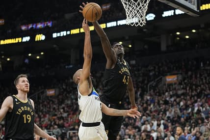 Mar 18, 2023; Toronto, Ontario, CAN; Toronto Raptors forward Pascal Siakam (43) blocks a shot by Minnesota Timberwolves guard Jordan McLaughlin (6) during the first half at Scotiabank Arena. Mandatory Credit: John E. Sokolowski-USA TODAY Sports