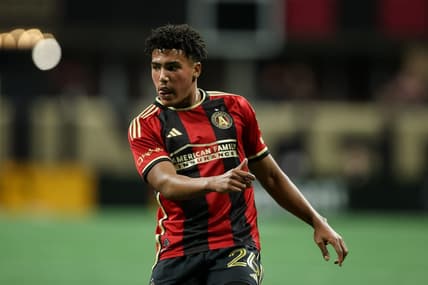 Mar 18, 2023; Atlanta, Georgia, USA; Atlanta United defender Caleb Wiley (26) in action during the first half against the Portland Timbers at Mercedes-Benz Stadium. Mandatory Credit: Brett Davis-USA TODAY Sports
