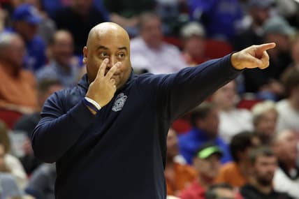 Mar 18, 2023; Des Moines, IA, USA; Penn State Nittany Lions head coach Micah Shrewsberry signals to his players during the first half against the Texas Longhorns at Wells Fargo Arena. Mandatory Credit: Reese Strickland-USA TODAY Sports