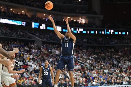Mar 18, 2023; Des Moines, IA, USA;  Penn State Nittany Lions guard Seth Lundy (1) shoots the ball against the Texas Longhorns during the first half at Wells Fargo Arena. Mandatory Credit: Jeffrey Becker-USA TODAY Sports