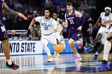 Mar 18, 2023; Sacramento, CA, USA; UCLA Bruins guard Tyger Campbell (10) dribbles down the court during the first half against the Northwestern Wildcats at Golden 1 Center. Mandatory Credit: Kelley L Cox-USA TODAY Sports