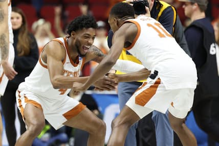 Mar 18, 2023; Des Moines, IA, USA;  Texas Longhorns guard Tyrese Hunter (4) and guard Sir'Jabari Rice (10) celebrate after defeating the Penn State Nittany Lions at Wells Fargo Arena. Mandatory Credit: Reese Strickland-USA TODAY Sports