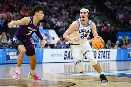 Mar 18, 2023; Sacramento, CA, USA; UCLA Bruins guard Jaime Jaquez Jr. (24) drives to the basket while defended by Northwestern Wildcats guard Ty Berry (3) during the first half at Golden 1 Center. Mandatory Credit: Kelley L Cox-USA TODAY Sports