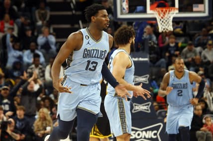 Mar 18, 2023; Memphis, Tennessee, USA; Memphis Grizzlies forward Jaren Jackson Jr. (13) reacts after a basket during the second half against the Golden State Warriors at FedExForum. Mandatory Credit: Petre Thomas-USA TODAY Sports