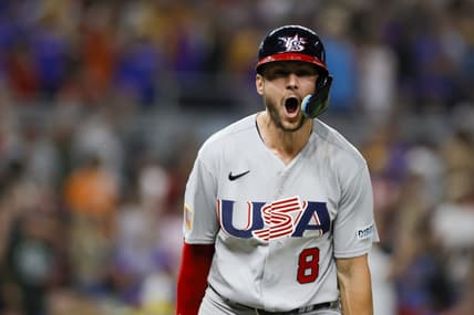 Mar 18, 2023; Miami, Florida, USA; USA shortstop Trea Turner (8) reacts after hitting a grand slam during the eighth inning against Venezuela at LoanDepot Park. Mandatory Credit: Sam Navarro-USA TODAY Sports