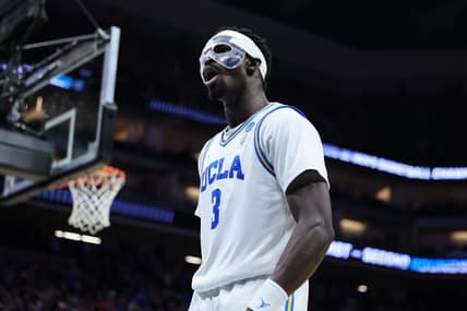 Mar 18, 2023; Sacramento, CA, USA; UCLA Bruins forward Adem Bona (3) reacts during the second half against the Northwestern Wildcats at Golden 1 Center. Mandatory Credit: Kelley L Cox-USA TODAY Sports