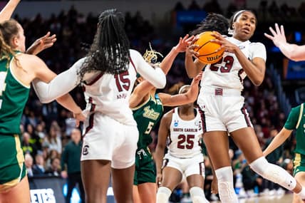 Mar 19, 2023; Columbia, SC, USA; South Carolina Gamecocks guard Bree Hall (23) grabs a rebound against the South Florida Bulls in the second half of South Carolina Gamecocks 76-45 victory at Colonial Life Arena, advancing them to the Sweet 16. Mandatory Credit: Jeff Blake-USA TODAY Sports