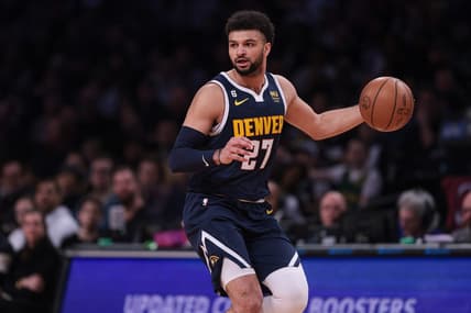 Mar 19, 2023; Brooklyn, New York, USA; Denver Nuggets guard Jamal Murray (27) dribbles during the first half against the Brooklyn Nets at Barclays Center. Mandatory Credit: Vincent Carchietta-USA TODAY Sports
