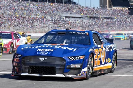 Mar 19, 2023; Hampton, Georgia, USA; NASCAR Cup Series driver Joey Logano (22) leaves pit road after service at Atlanta Motor Speedway. Mandatory Credit: David Yeazell-USA TODAY Sports