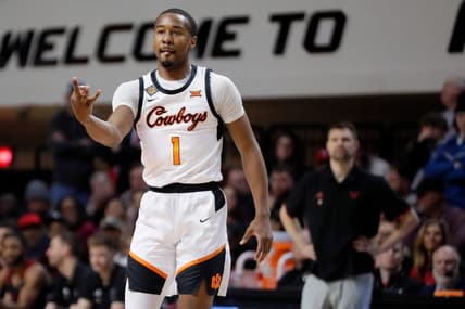 Oklahoma State Cowboys guard Bryce Thompson (1) celebrates after making a 3-pointer during a college basketball game between the Oklahoma State Cowboys (OSU) and the Eastern Washington Eagles in the second round of the NIT at Gallagher-Iba Arena in Stillwater, Okla., Sunday, March 19, 2023. Oklahoma State won 71-60.

osuhoops -- cover