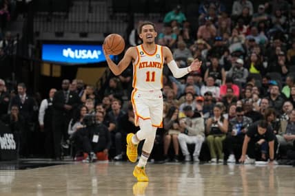 Mar 19, 2023; San Antonio, Texas, USA; Atlanta Hawks guard Trae Young (11) dribbles the ball up the court in the second half against the San Antonio Spurs at the AT&T Center. Mandatory Credit: Daniel Dunn-USA TODAY Sports