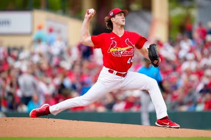 Mar 20, 2023; Jupiter, Florida, USA; St. Louis Cardinals pitcher Jake Woodford (44) throws a pitch against the Miami Marlins during the first inning at Roger Dean Stadium. Mandatory Credit: Rich Storry-USA TODAY Sports