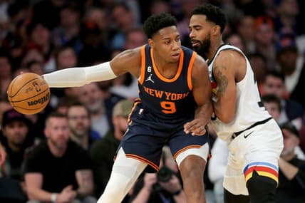 Mar 20, 2023; New York, New York, USA; New York Knicks guard RJ Barrett (9) controls the ball against Minnesota Timberwolves guard Mike Conley (10) during the second quarter at Madison Square Garden. Mandatory Credit: Brad Penner-USA TODAY Sports